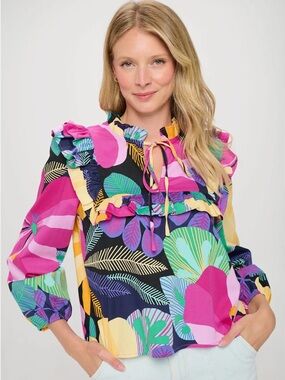 Women's Floral Ruffle Tie-Neck Blouse - Pink Multi